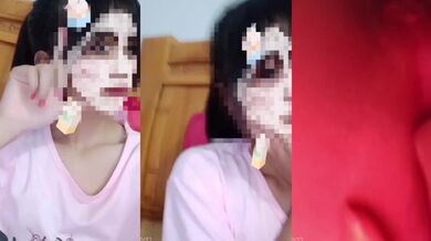 Ponytail girl fingering pussy on bed