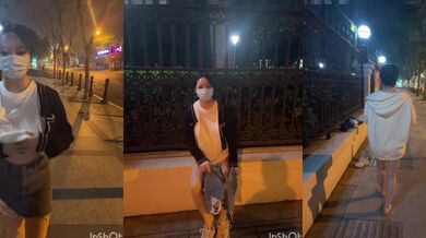 上海の夜遅く、通りは屋外にさらされます。妹は目が大きくて、とても優雅です。コンビニで服を脱ぎ白虎を露わにする。