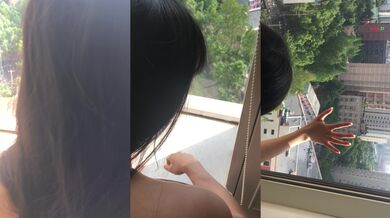 Snake tongue sister was pressed against the window and penetrated from behind