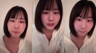 Cute squint girl flashes and flirts