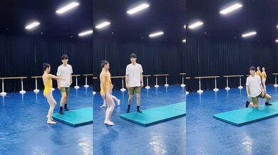 舞蹈生練習翻跟鬥露奶