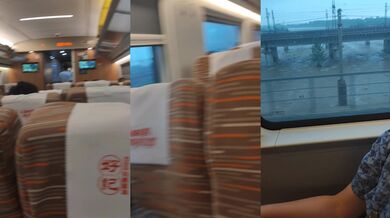 大量注文のカップルが高速列車でオーラルセックスをする