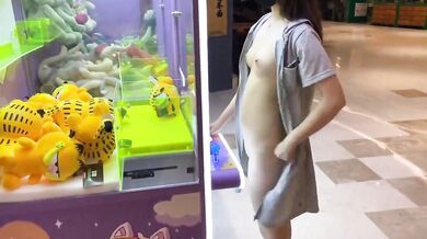 クレーンゲームの前で露出トレーニング