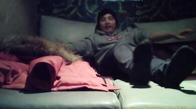 Korean fat guy and black silk girl make love and take selfies in a private room