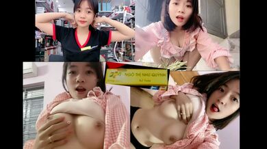 Một nhân viên bán hàng dễ thương trong một cửa hàng điện thoại di động nổi tiếng đang để ngực trần